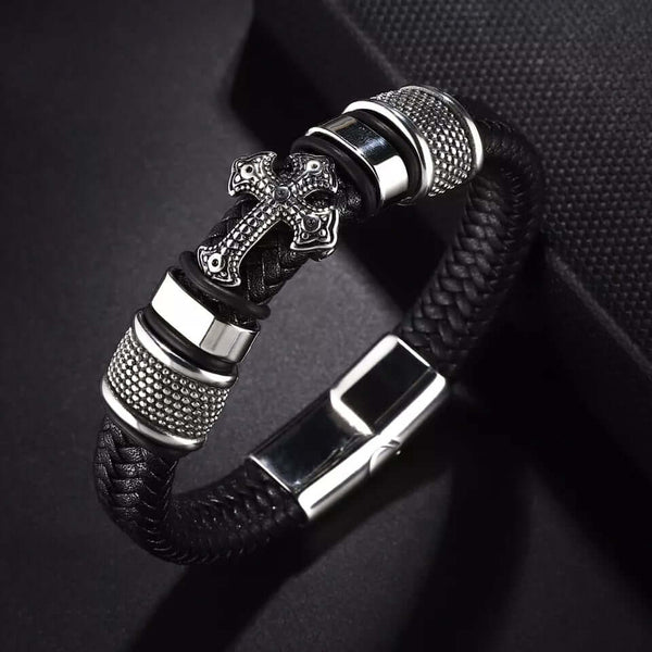 TEMPLAR CROSS BLACK - Genuine Leather Braided Bracelet with Stainless Steel Magnetic Buckle for Men & Boys (8 inch)