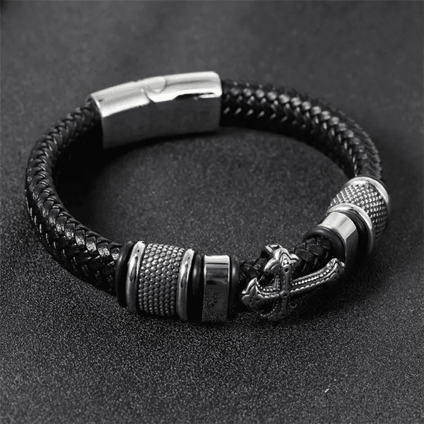 TEMPLAR CROSS BLACK - Genuine Leather Braided Bracelet with Stainless Steel Magnetic Buckle for Men & Boys (8 inch)