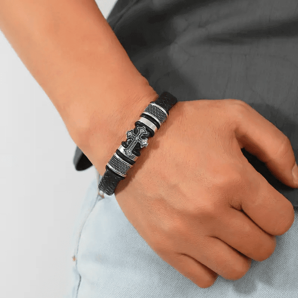 TEMPLAR CROSS BLACK - Genuine Leather Braided Bracelet with Stainless Steel Magnetic Buckle for Men & Boys (8 inch)