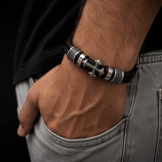 THE MEN THING Leather Bracelet TEMPLAR CROSS BLACK - Genuine Leather Braided Bracelet with Stainless Steel Magnetic Buckle for Men & Boys (8 inch)