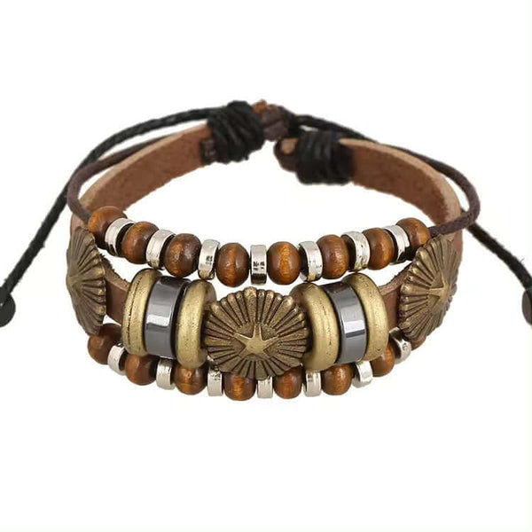 TERRA BROWN - Genuine Leather Multi-Layer Beads Bracelet with Adjustable  Rope for Men & Boys