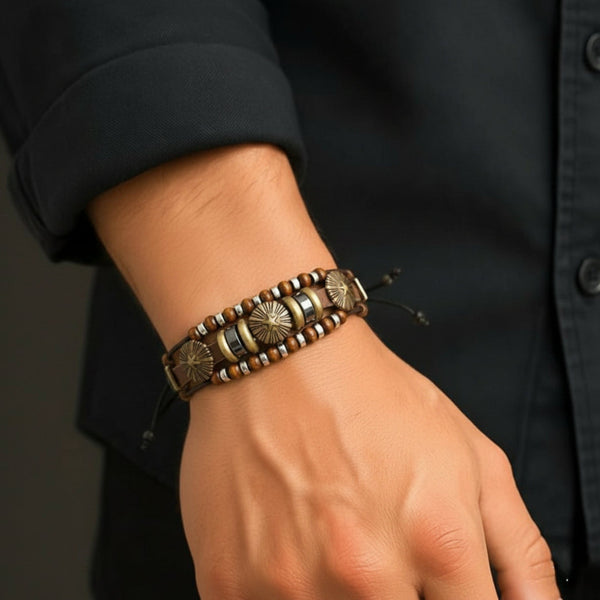 TERRA BROWN - Genuine Leather Multi-Layer Beads Bracelet with Adjustable  Rope for Men & Boys