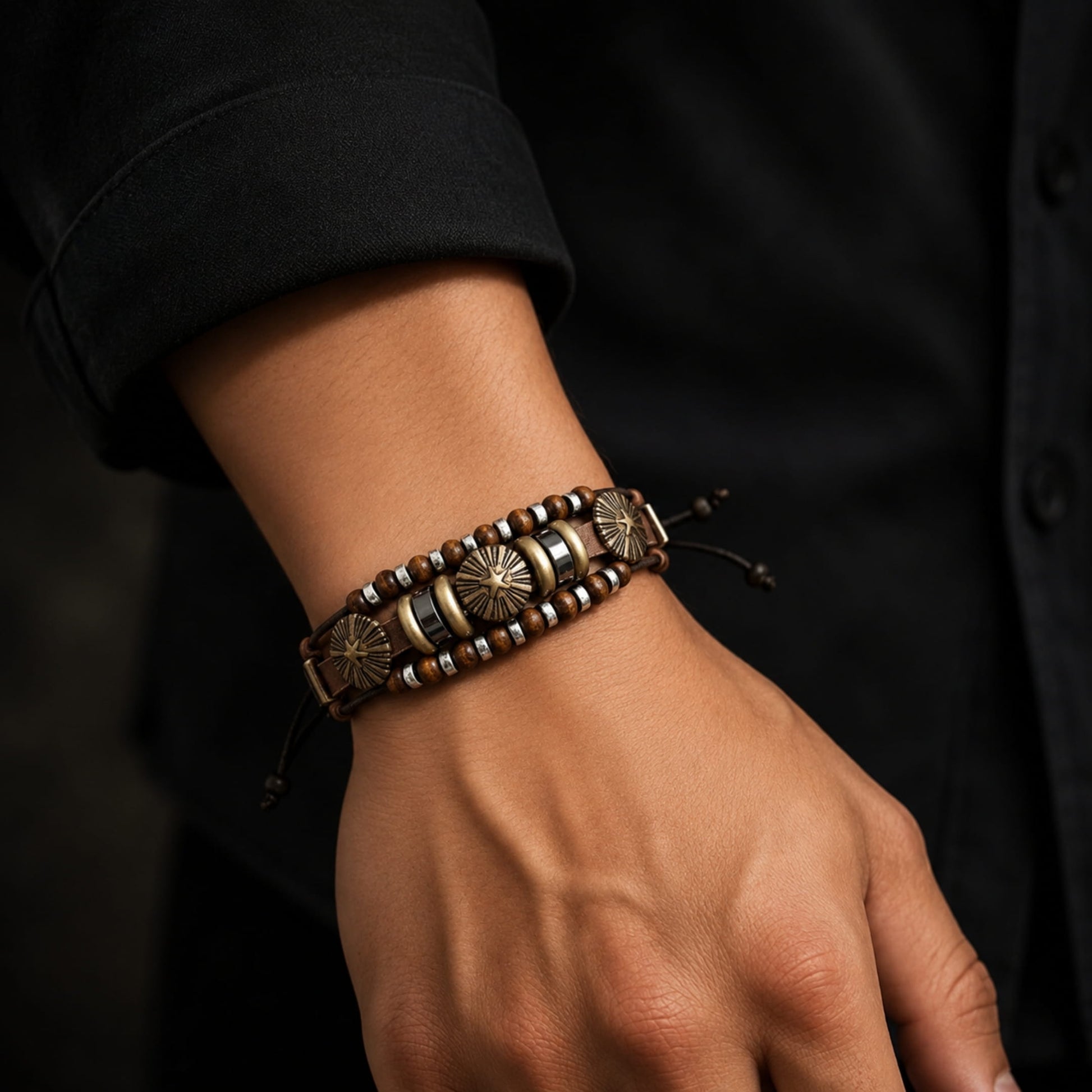 THE MEN THING Leather Bracelet TERRA BROWN - Genuine Leather Multi-Layer Beads Bracelet with Adjustable  Rope for Men & Boys