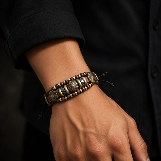 THE MEN THING Leather Bracelet TERRA BROWN - Genuine Leather Multi-Layer Beads Bracelet with Adjustable  Rope for Men & Boys