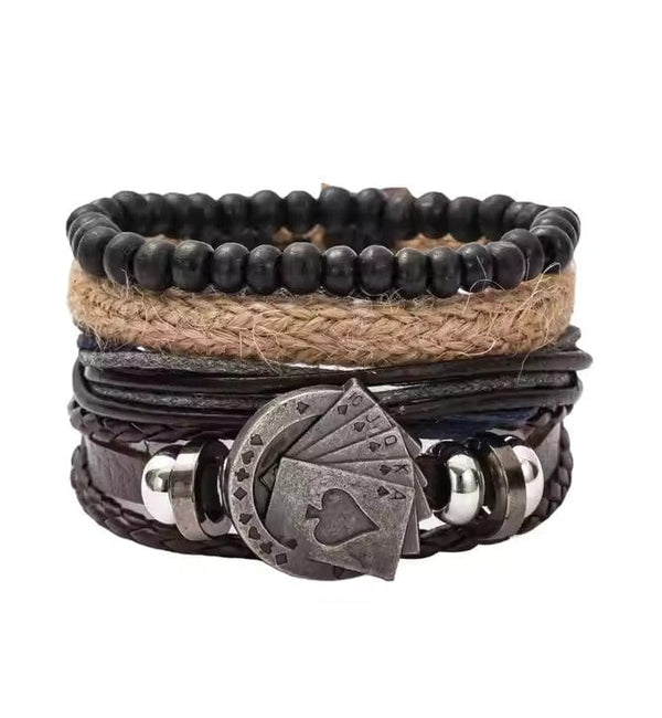 THE GAMBLER’S CUFF - 4 Pcs Genuine Braided Leather Bracelet Set for Men & Boys (8 inch)