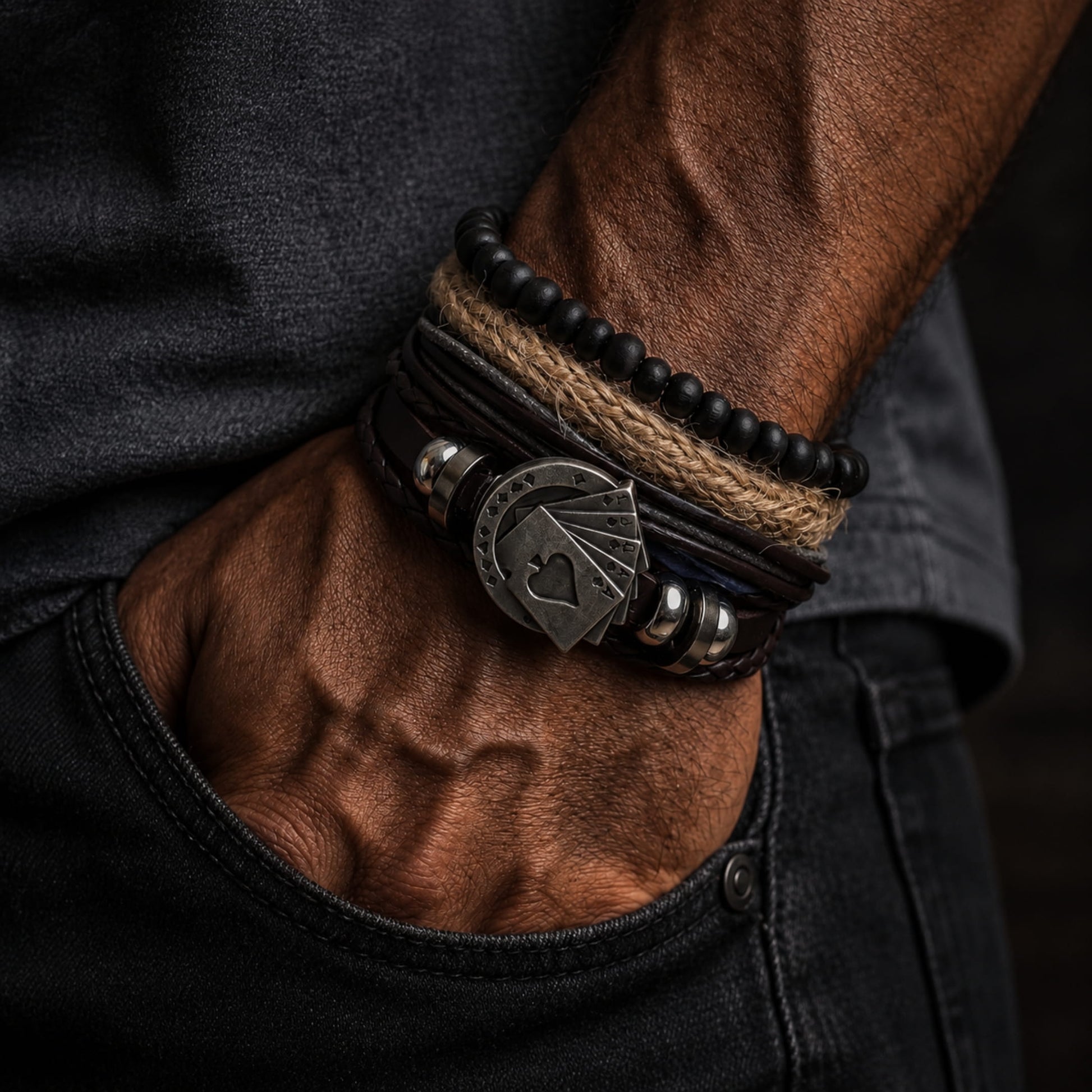 THE MEN THING Leather Bracelet THE GAMBLER’S CUFF - 4 Pcs Genuine Braided Leather Bracelet Set for Men & Boys (8 inch)