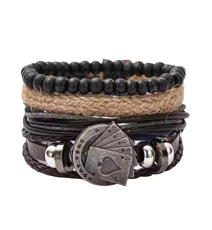 THE MEN THING Leather Bracelet THE GAMBLER’S CUFF Set of 4 Genuine Braided Leather Adjustable Bracelets for Men & Boys – 8 Inch