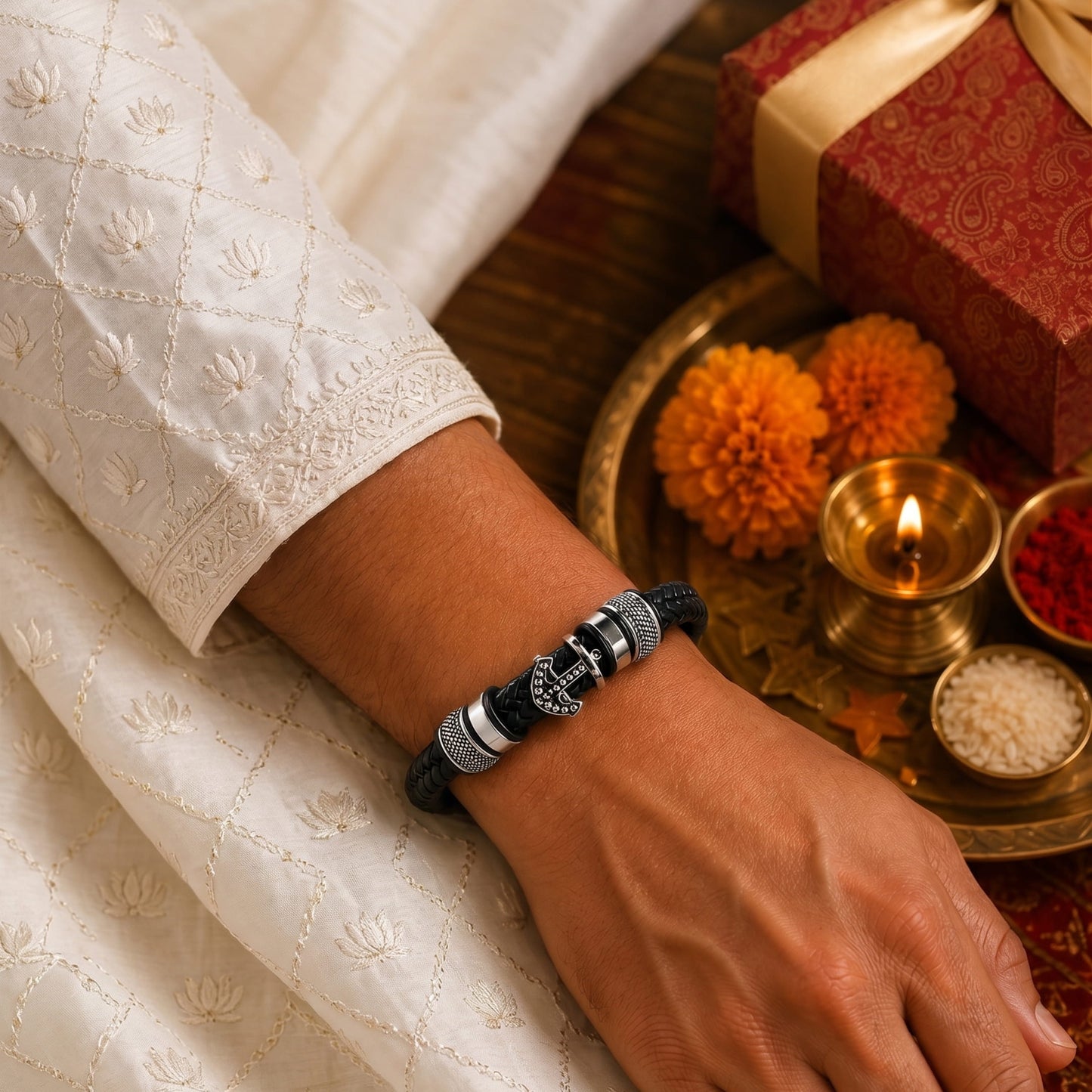 THE MEN THING Leather Bracelet The Perfect Rakhi Gift For Every Brother – ANCHOR KRAKEN BLACK Premium Leather Bracelets With Timeless Style (8 Inch)
