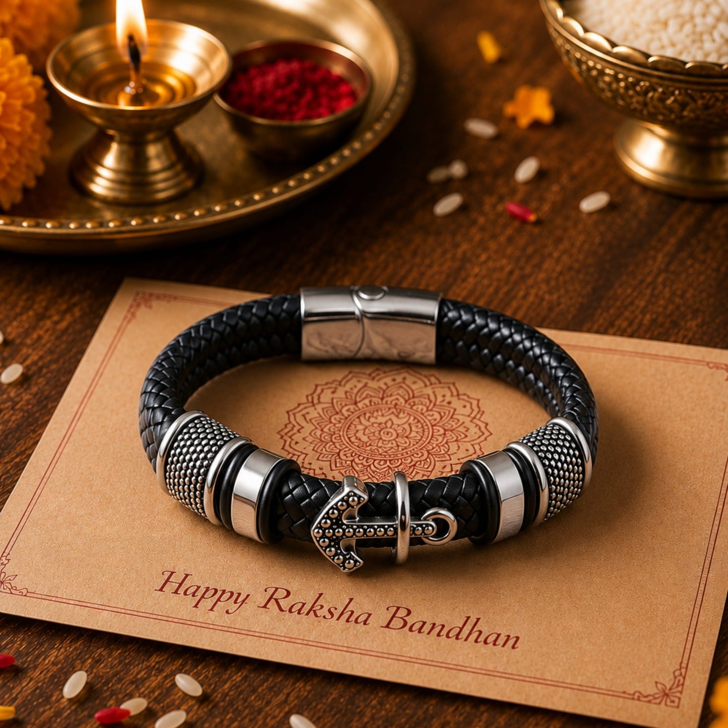 THE MEN THING Leather Bracelet The Perfect Rakhi Gift For Every Brother – ANCHOR KRAKEN BLACK Premium Leather Bracelets With Timeless Style (8 Inch)