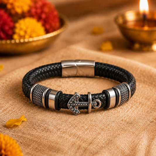 THE MEN THING Leather Bracelet The Perfect Rakhi Gift For Every Brother – ANCHOR KRAKEN BLACK Premium Leather Bracelets With Timeless Style (8 Inch)