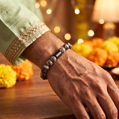 THE MEN THING Leather Bracelet The Perfect Rakhi Gift For Every Brother – AZURITE GREY JASPER - Premium Beads Bracelets With Timeless Style (7inch)