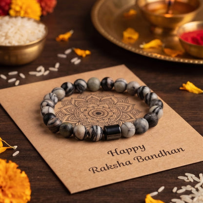 THE MEN THING Leather Bracelet The Perfect Rakhi Gift For Every Brother – AZURITE GREY JASPER - Premium Beads Bracelets With Timeless Style (7inch)