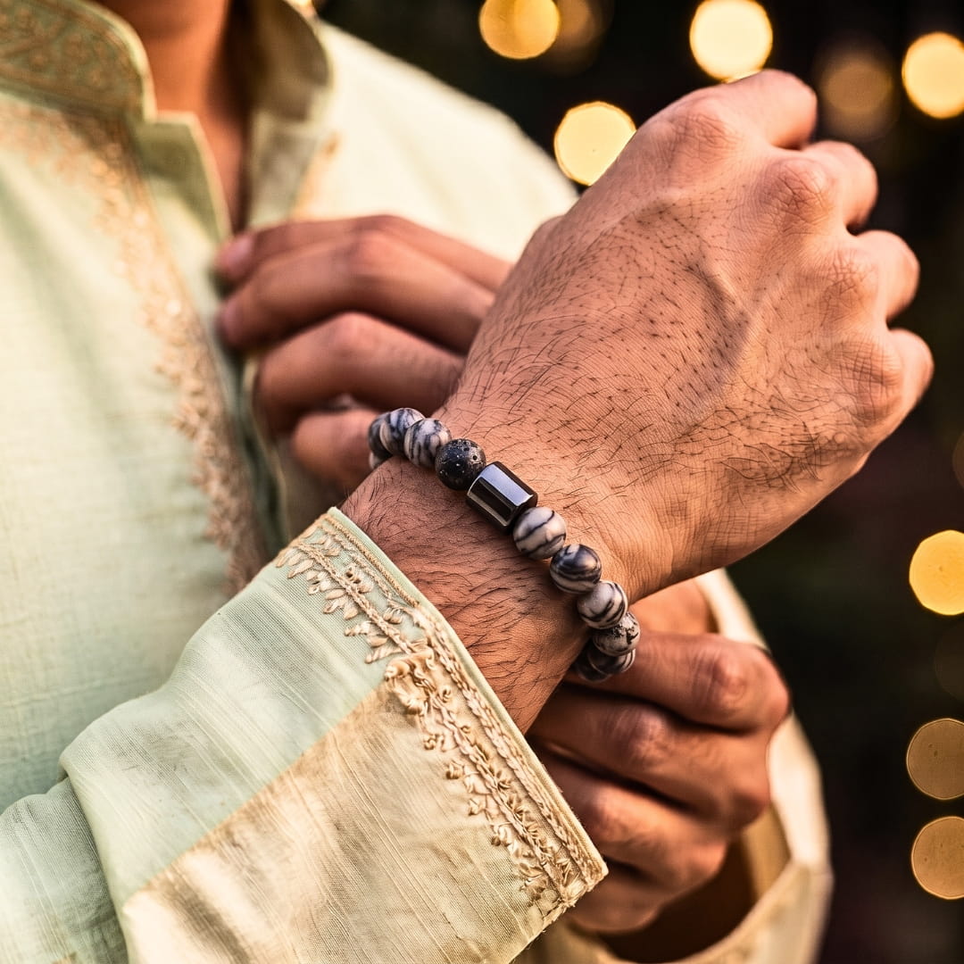 THE MEN THING Leather Bracelet The Perfect Rakhi Gift For Every Brother – AZURITE GREY JASPER - Premium Beads Bracelets With Timeless Style (7inch)