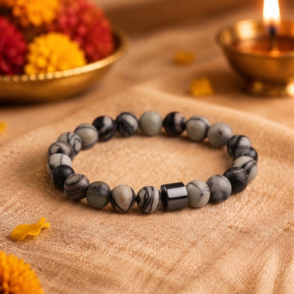 THE MEN THING Leather Bracelet The Perfect Rakhi Gift For Every Brother – AZURITE GREY JASPER - Premium Beads Bracelets With Timeless Style (7inch)