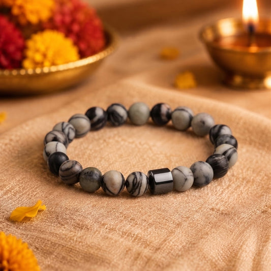 THE MEN THING Leather Bracelet The Perfect Rakhi Gift For Every Brother – AZURITE GREY JASPER - Premium Beads Bracelets With Timeless Style (7inch)