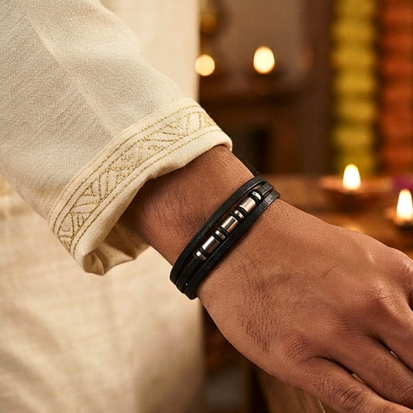 The Perfect Rakhi Gift For Every Brother – BARREL BLACK - Premium Leather Multi-Layer Bracelet With Timeless Style (8inch)