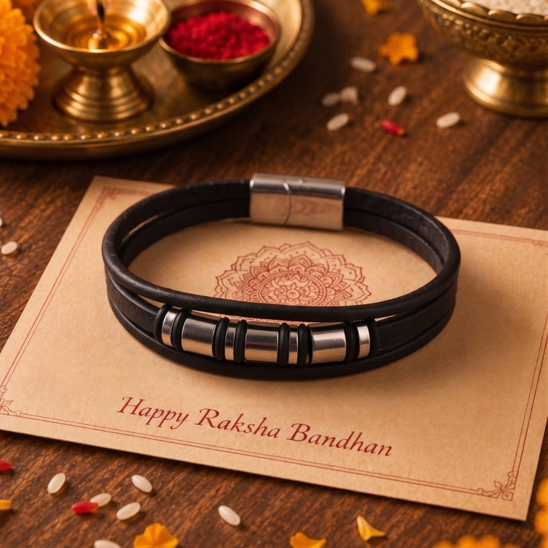 THE MEN THING Leather Bracelet The Perfect Rakhi Gift For Every Brother – BARREL BLACK - Premium Leather Multi-Layer Bracelet With Timeless Style (8inch)