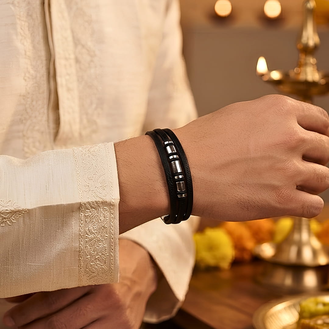 THE MEN THING Leather Bracelet The Perfect Rakhi Gift For Every Brother – BARREL BLACK - Premium Leather Multi-Layer Bracelet With Timeless Style (8inch)