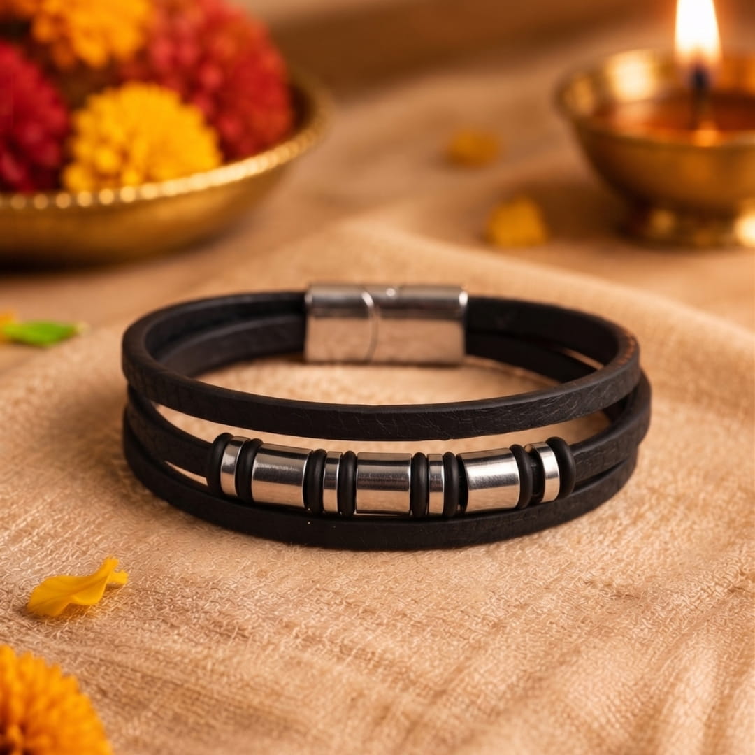 THE MEN THING Leather Bracelet The Perfect Rakhi Gift For Every Brother – BARREL BLACK - Premium Leather Multi-Layer Bracelet With Timeless Style (8inch)
