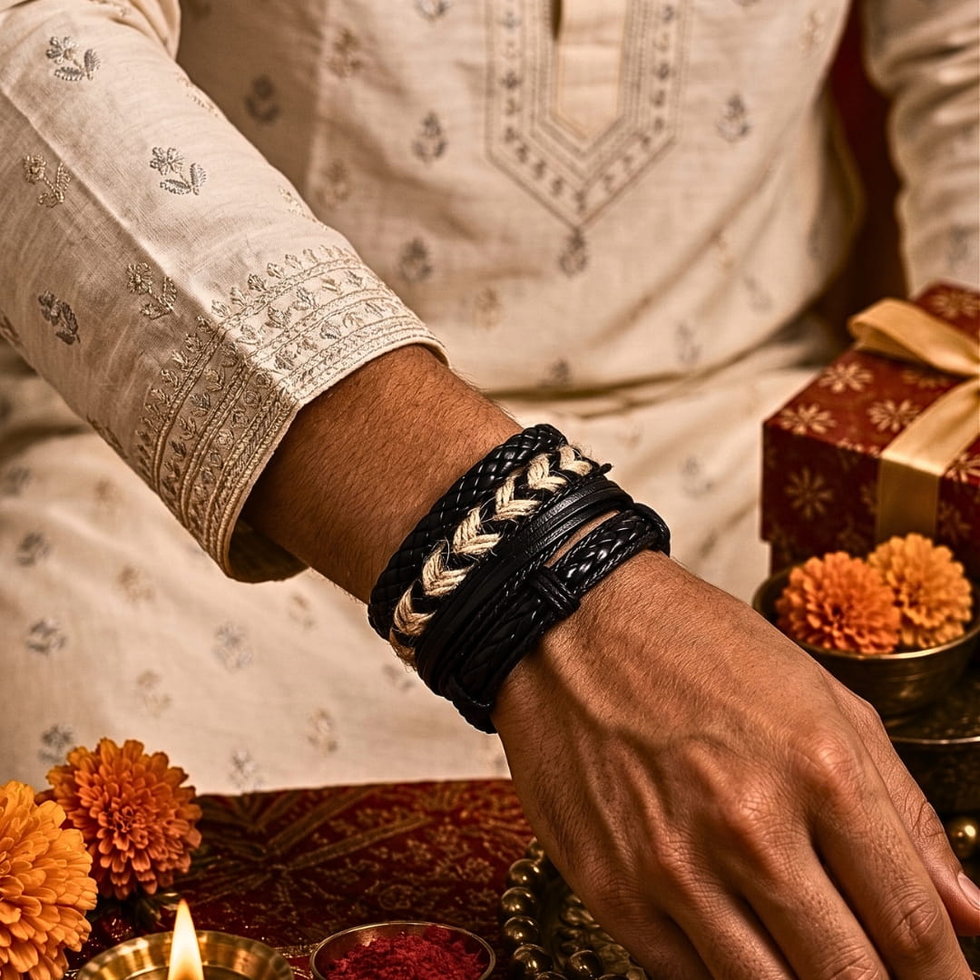 THE MEN THING Leather Bracelet The Perfect Rakhi Gift For Every Brother – BEAST’S KNOT - Premium 4 Pcs Leather Bracelets With Timeless Style (8inch)