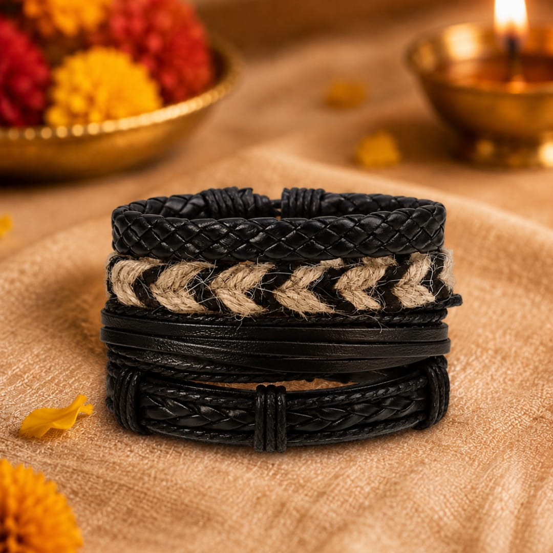 THE MEN THING Leather Bracelet The Perfect Rakhi Gift For Every Brother – BEAST’S KNOT - Premium 4 Pcs Leather Bracelets With Timeless Style (8inch)