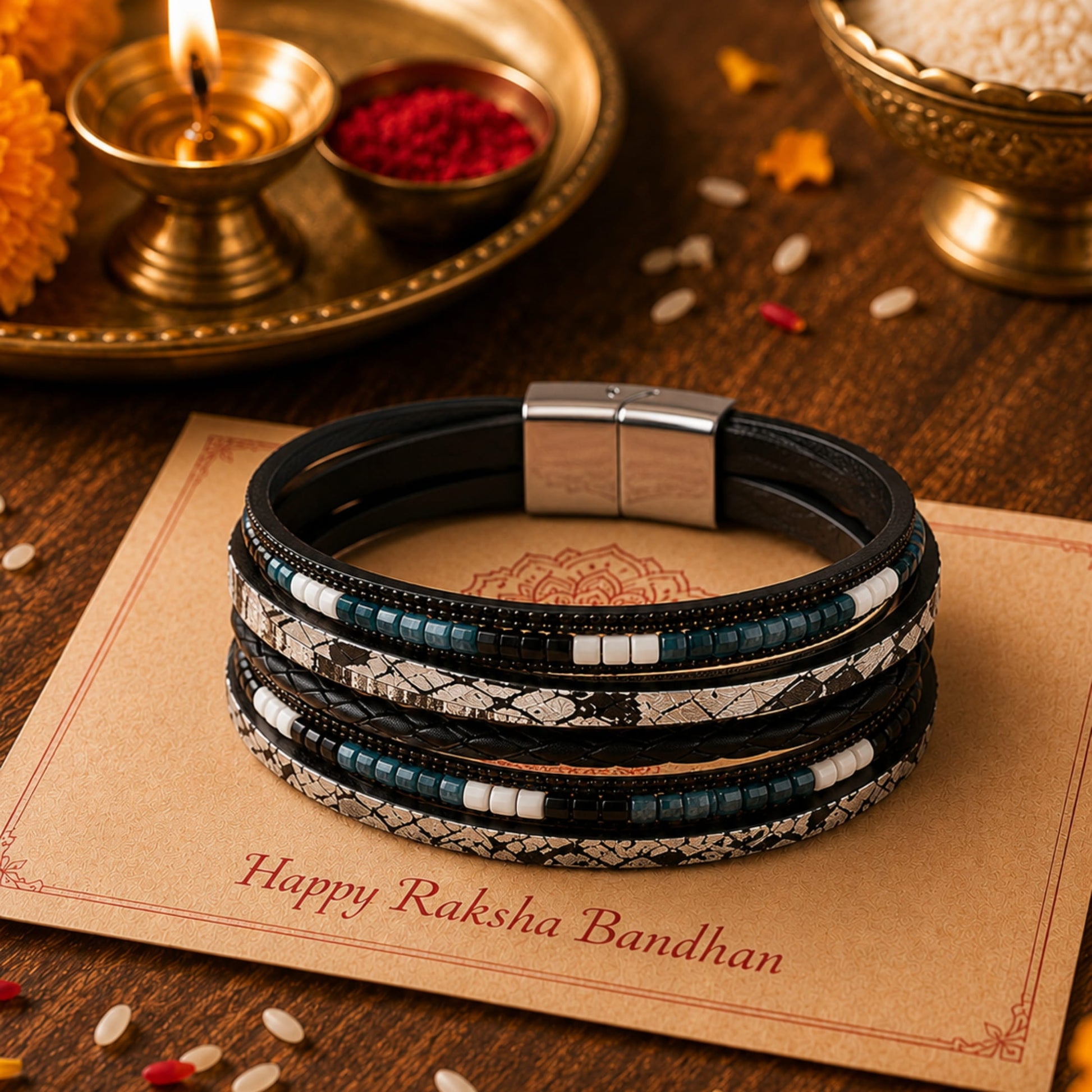 THE MEN THING Leather Bracelet The Perfect Rakhi Gift For Every Brother – Bohemian Bliss Premium Leather Bracelets With Timeless Style (8 Inch)