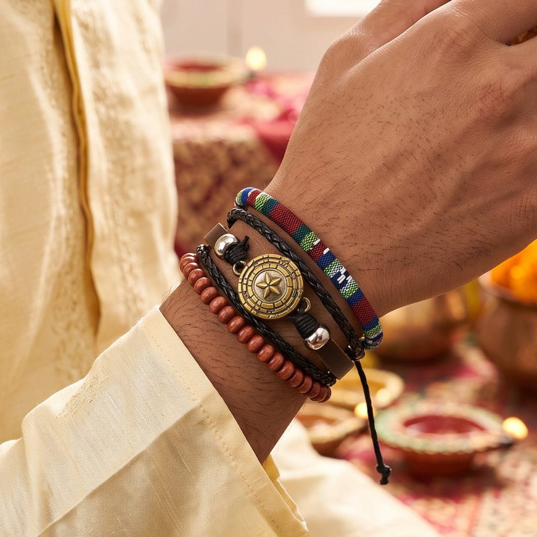 THE MEN THING Leather Bracelet The Perfect Rakhi Gift For Every Brother – COMPASS STAR BROWN - Leather Adjustable Bracelets With Timeless Style