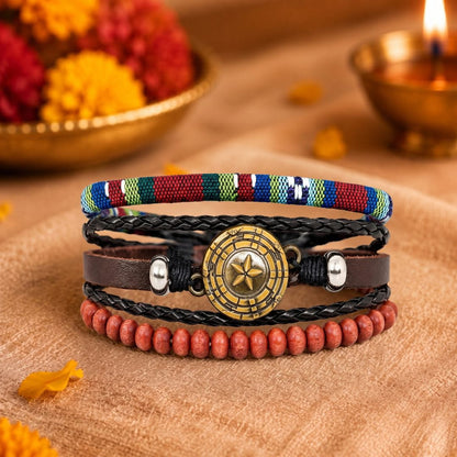 THE MEN THING Leather Bracelet The Perfect Rakhi Gift For Every Brother – COMPASS STAR BROWN - Leather Adjustable Bracelets With Timeless Style