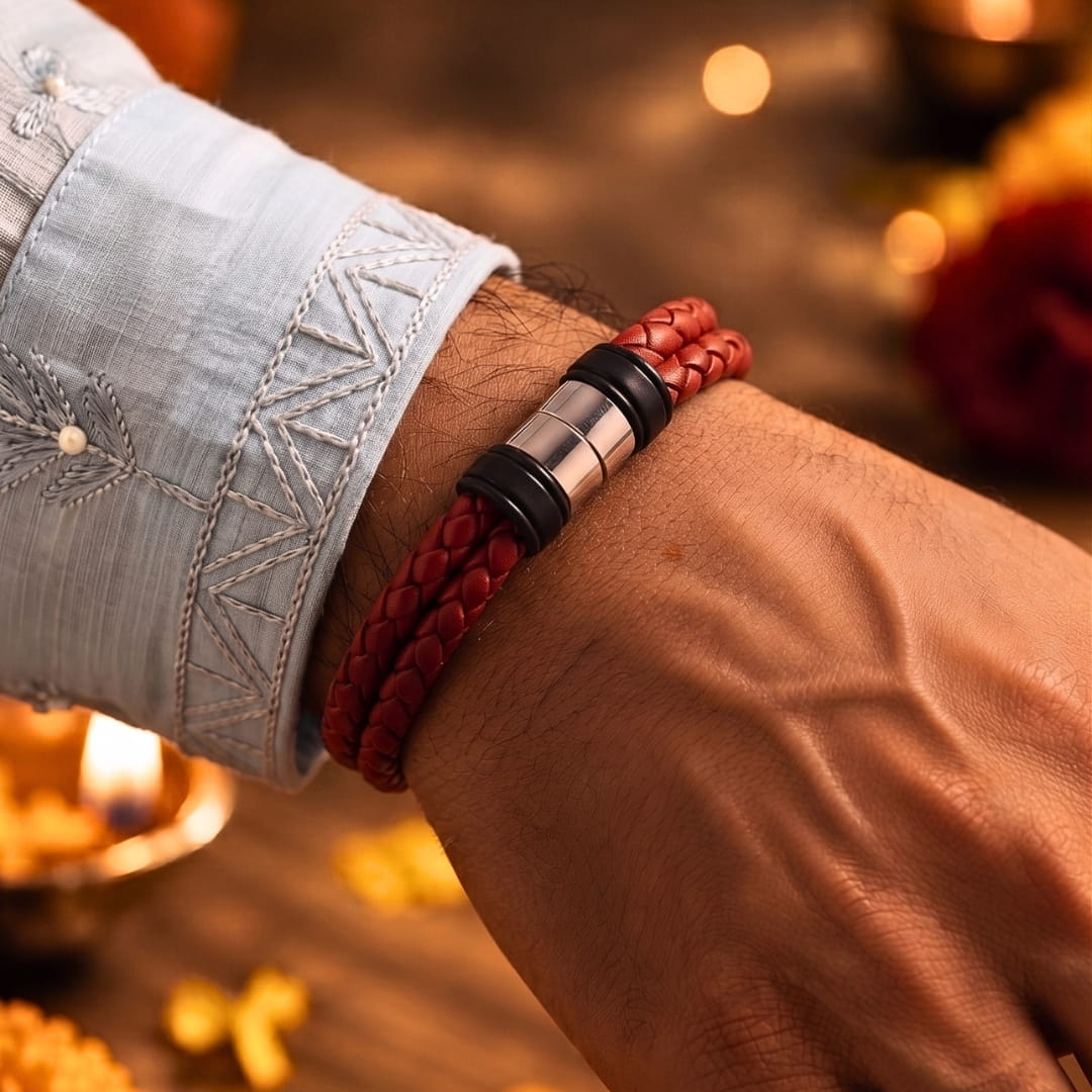 THE MEN THING Leather Bracelet The Perfect Rakhi Gift For Every Brother – CRIMSON CORE RED - Premium Leather Bracelet With Timeless Style (8inch)