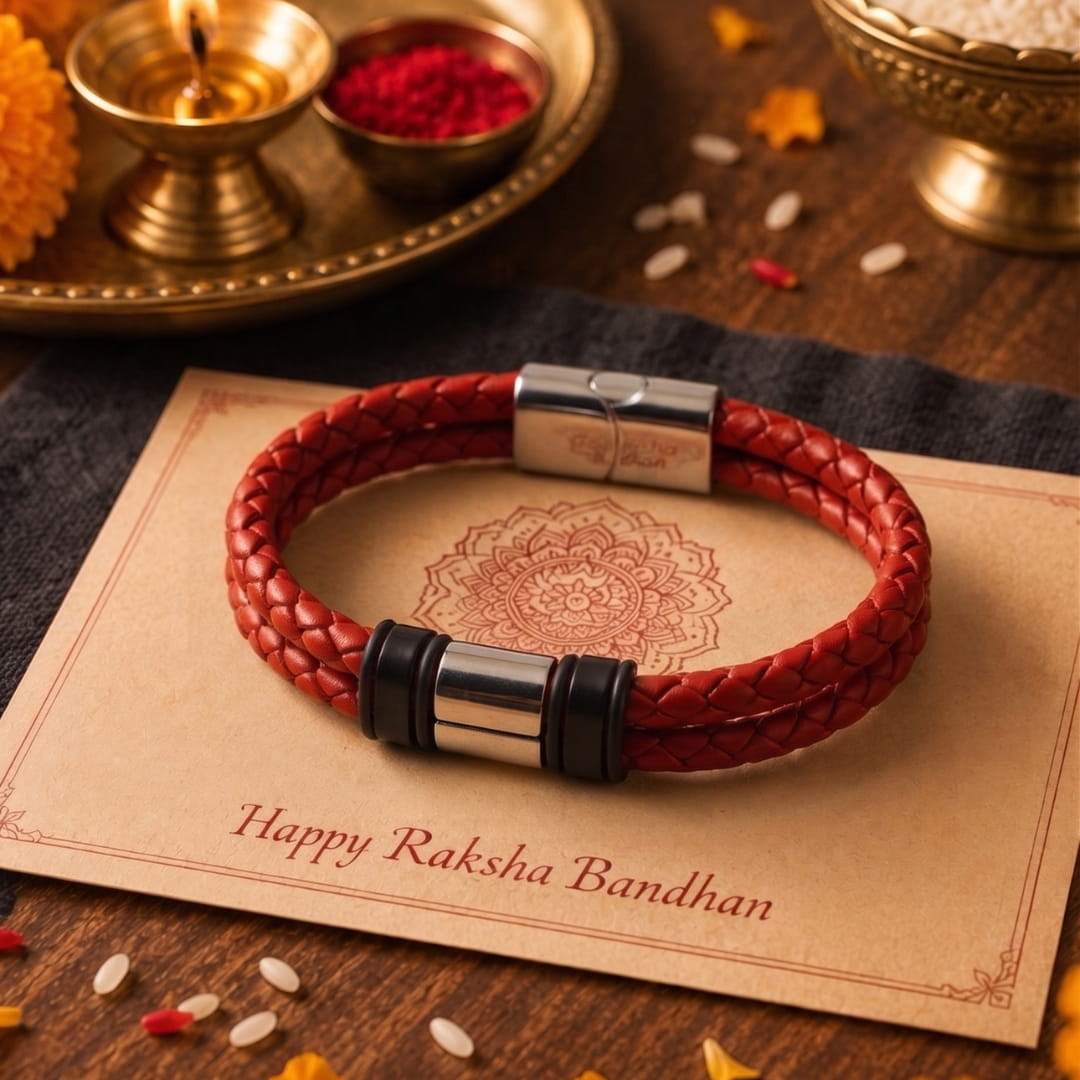 THE MEN THING Leather Bracelet The Perfect Rakhi Gift For Every Brother – CRIMSON CORE RED - Premium Leather Bracelet With Timeless Style (8inch)
