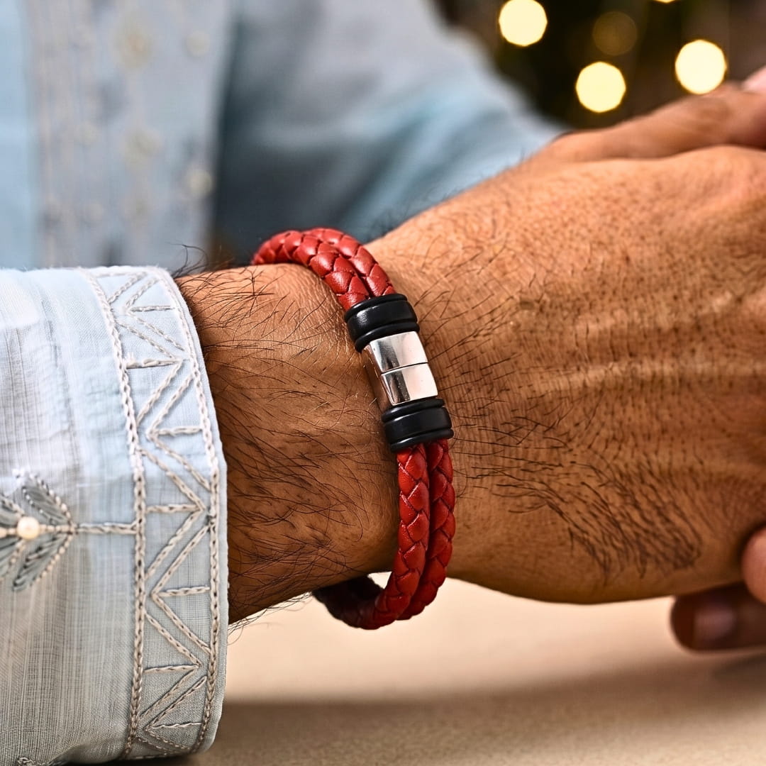 THE MEN THING Leather Bracelet The Perfect Rakhi Gift For Every Brother – CRIMSON CORE RED - Premium Leather Bracelet With Timeless Style (8inch)