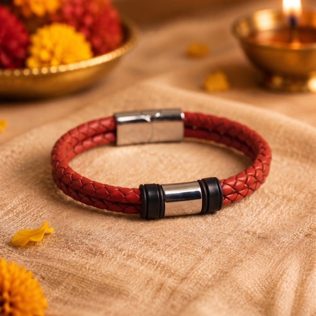 THE MEN THING Leather Bracelet The Perfect Rakhi Gift For Every Brother – CRIMSON CORE RED - Premium Leather Bracelet With Timeless Style (8inch)