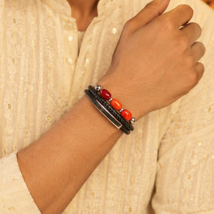 THE MEN THING Leather Bracelet The Perfect Rakhi Gift For Every Brother – CRIMSON TRIO BLACK - Premium Genuine Leather Bracelet With Timeless Style (8 Inch)