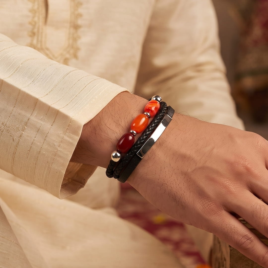 THE MEN THING Leather Bracelet The Perfect Rakhi Gift For Every Brother – CRIMSON TRIO BLACK - Premium Genuine Leather Bracelet With Timeless Style (8 Inch)