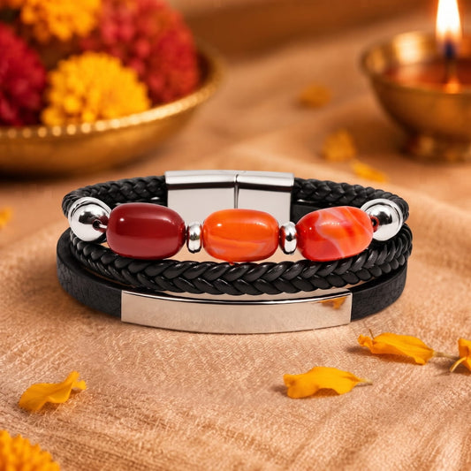 THE MEN THING Leather Bracelet The Perfect Rakhi Gift For Every Brother – CRIMSON TRIO BLACK - Premium Genuine Leather Bracelet With Timeless Style (8 Inch)