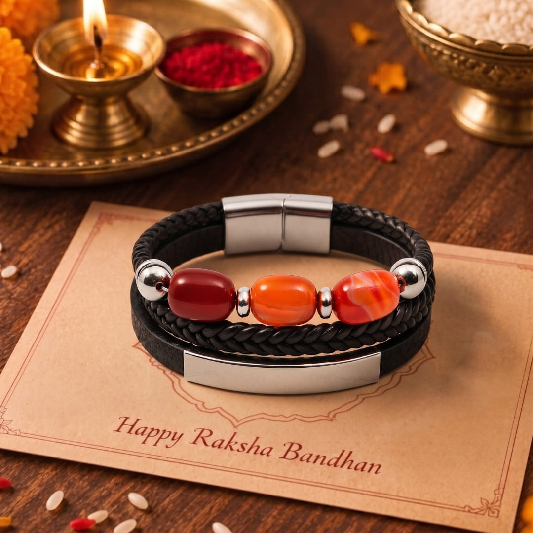 THE MEN THING Leather Bracelet The Perfect Rakhi Gift For Every Brother – CRIMSON TRIO BLACK - Premium Genuine Leather Bracelet With Timeless Style (8 Inch)