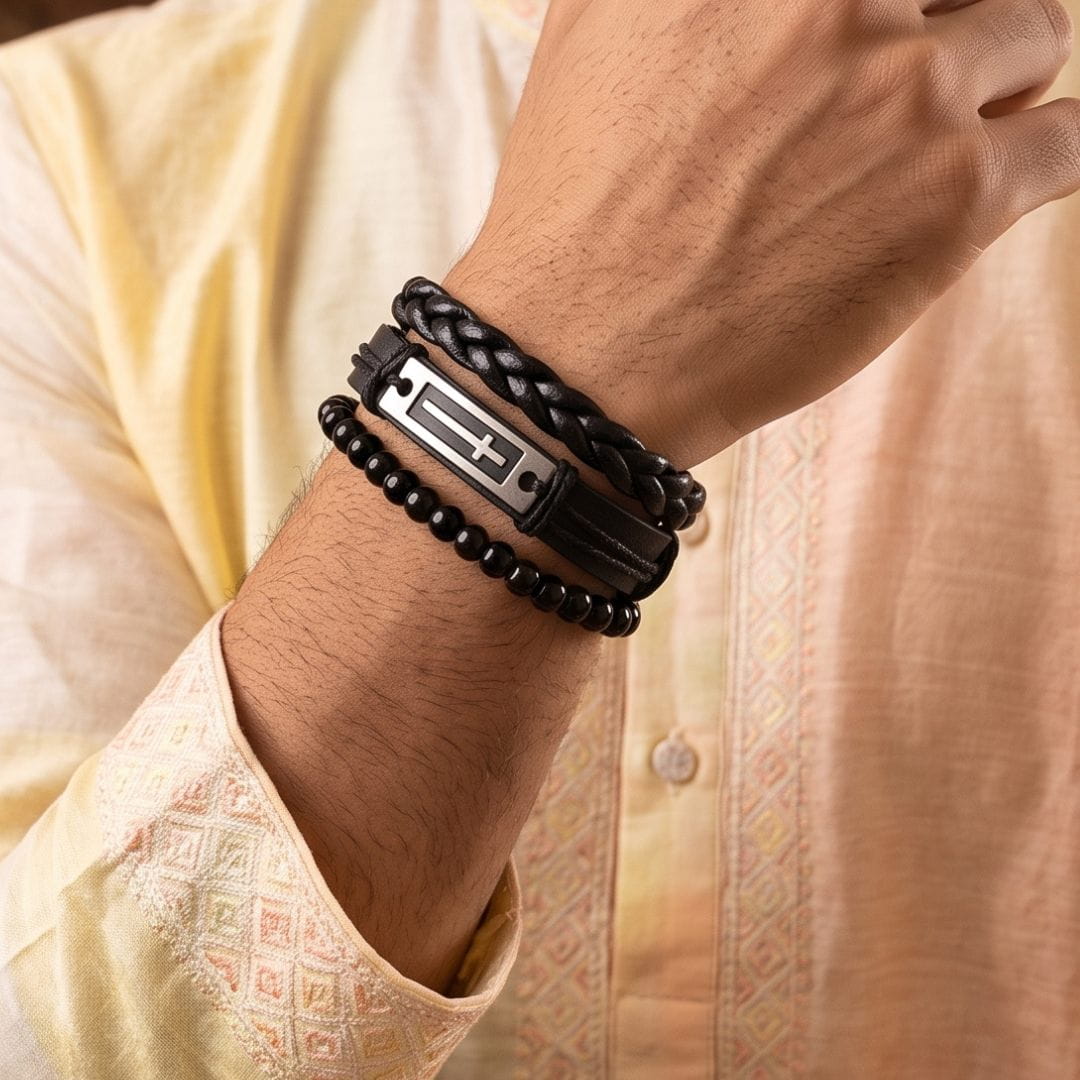 THE MEN THING Leather Bracelet The Perfect Rakhi Gift For Every Brother – CROSS PLATE BLACK - Leather Adjustable Bracelets With Timeless Style