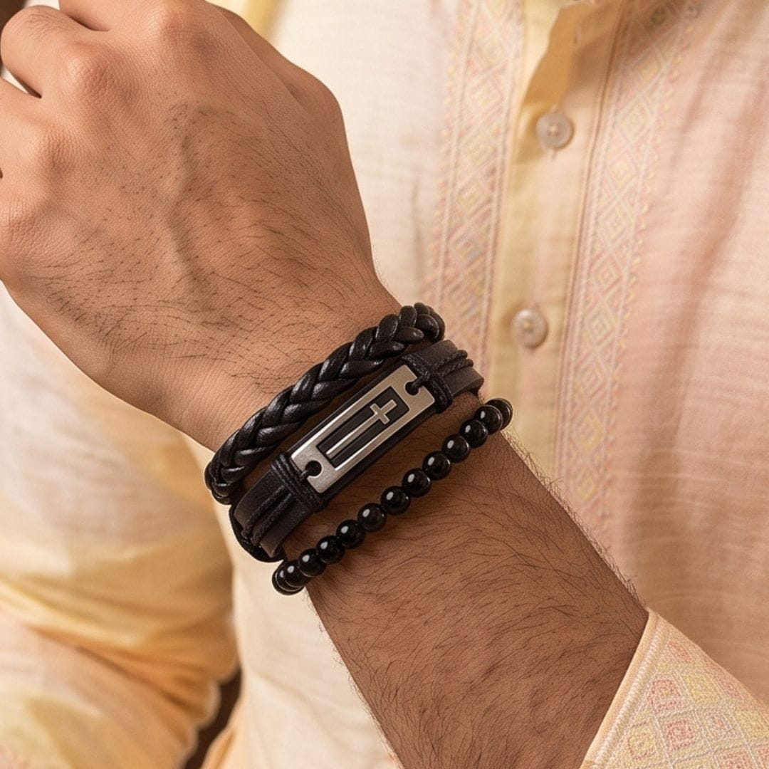 THE MEN THING Leather Bracelet The Perfect Rakhi Gift For Every Brother – CROSS PLATE BLACK - Leather Adjustable Bracelets With Timeless Style