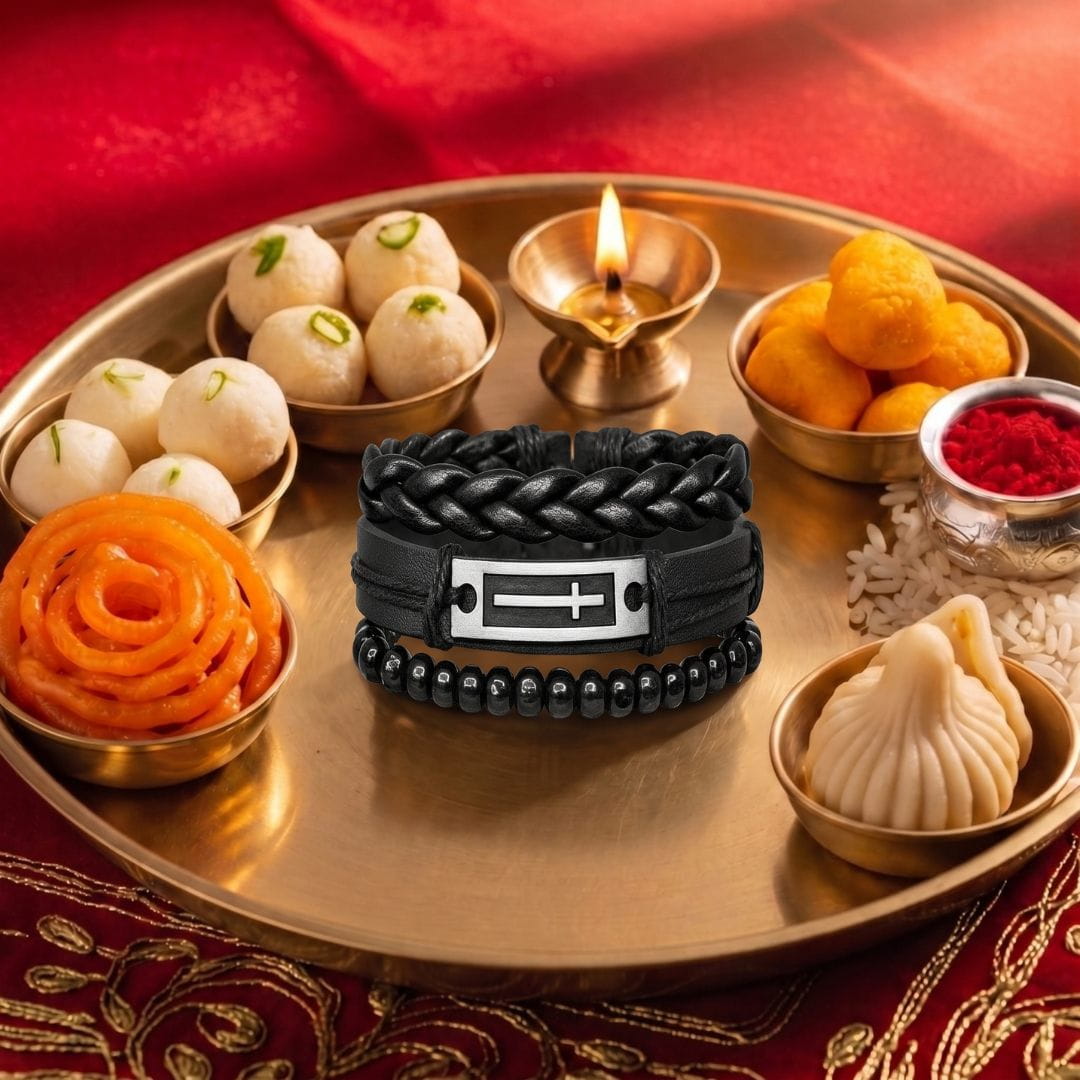 THE MEN THING Leather Bracelet The Perfect Rakhi Gift For Every Brother – CROSS PLATE BLACK - Leather Adjustable Bracelets With Timeless Style