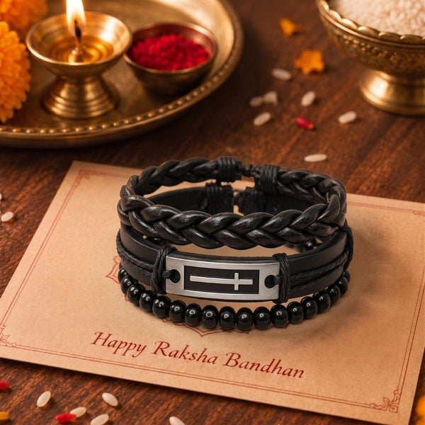 The Perfect Rakhi Gift For Every Brother – CROSS PLATE BLACK - Leather Adjustable Bracelets With Timeless Style