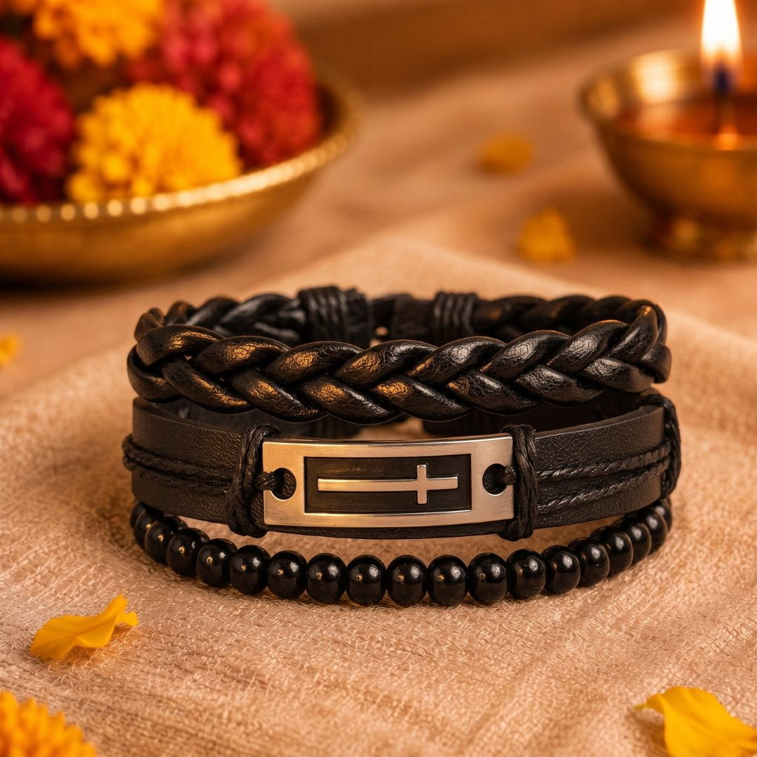 THE MEN THING Leather Bracelet The Perfect Rakhi Gift For Every Brother – CROSS PLATE BLACK - Leather Adjustable Bracelets With Timeless Style