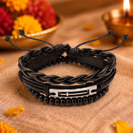 THE MEN THING Leather Bracelet The Perfect Rakhi Gift For Every Brother – CROSS PLATE BLACK - Leather Adjustable Bracelets With Timeless Style