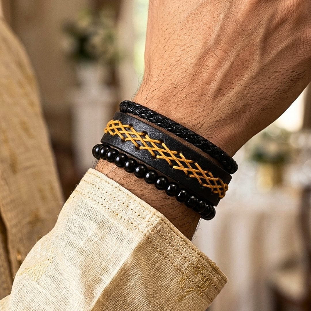 THE MEN THING Leather Bracelet The Perfect Rakhi Gift For Every Brother – CROSSWEAVE BLACK - Genuine Leather Bracelets With Timeless Style (Adjustable)
