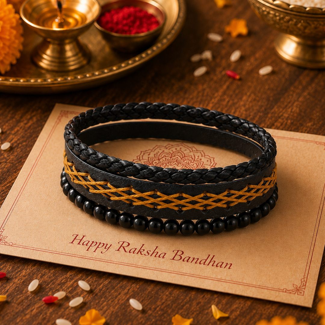 THE MEN THING Leather Bracelet The Perfect Rakhi Gift For Every Brother – CROSSWEAVE BLACK - Genuine Leather Bracelets With Timeless Style (Adjustable)