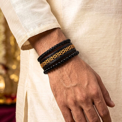 THE MEN THING Leather Bracelet The Perfect Rakhi Gift For Every Brother – CROSSWEAVE BLACK - Genuine Leather Bracelets With Timeless Style (Adjustable)
