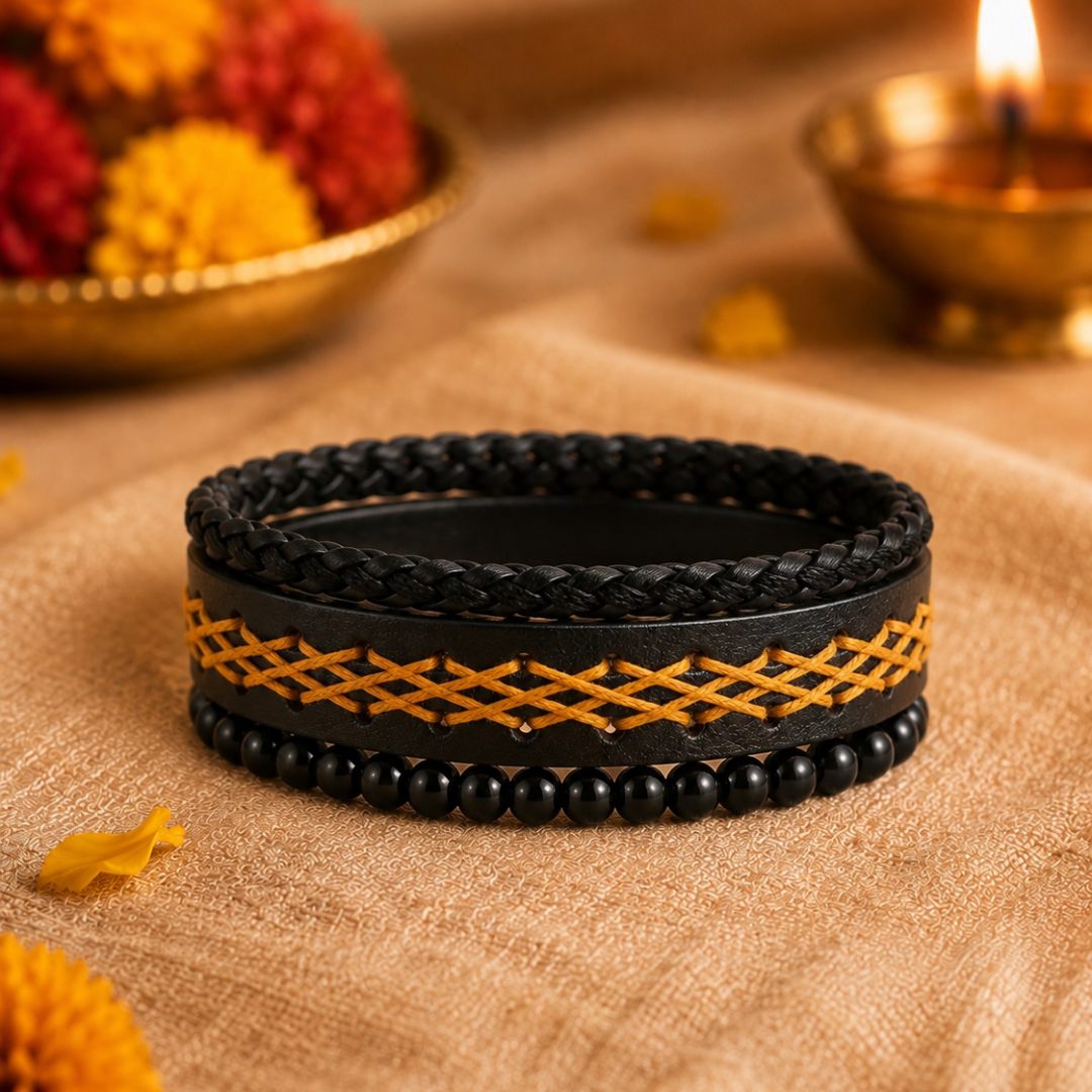 THE MEN THING Leather Bracelet The Perfect Rakhi Gift For Every Brother – CROSSWEAVE BLACK - Genuine Leather Bracelets With Timeless Style (Adjustable)