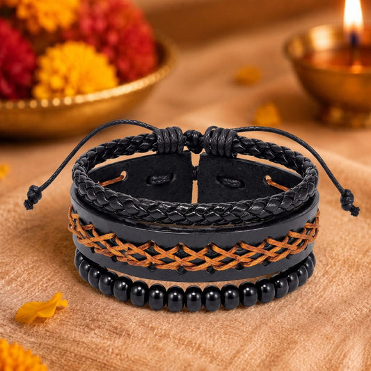 THE MEN THING Leather Bracelet The Perfect Rakhi Gift For Every Brother – CROSSWEAVE BLACK - Genuine Leather Bracelets With Timeless Style (Adjustable)