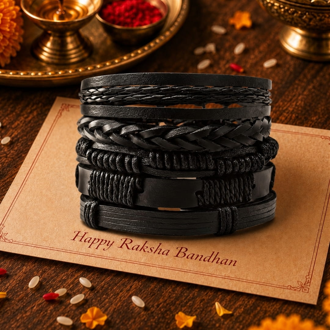 THE MEN THING Leather Bracelet The Perfect Rakhi Gift For Every Brother – DARK ALPHA - Premium 5 Pcs Leather Bracelets With Timeless Style (8inch)