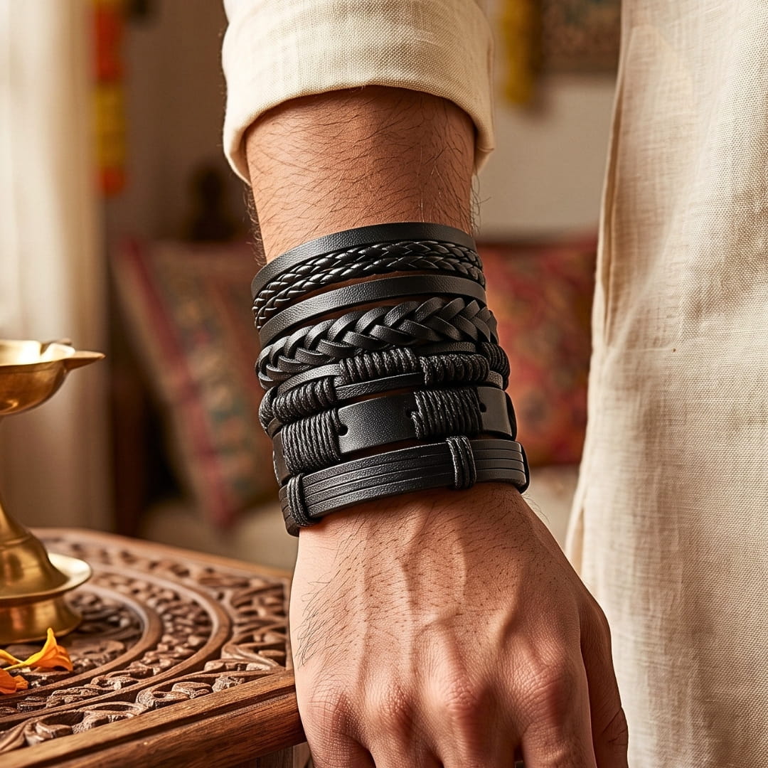 THE MEN THING Leather Bracelet The Perfect Rakhi Gift For Every Brother – DARK ALPHA - Premium 5 Pcs Leather Bracelets With Timeless Style (8inch)