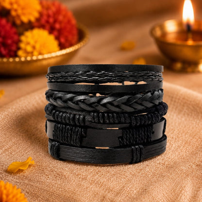THE MEN THING Leather Bracelet The Perfect Rakhi Gift For Every Brother – DARK ALPHA - Premium 5 Pcs Leather Bracelets With Timeless Style (8inch)